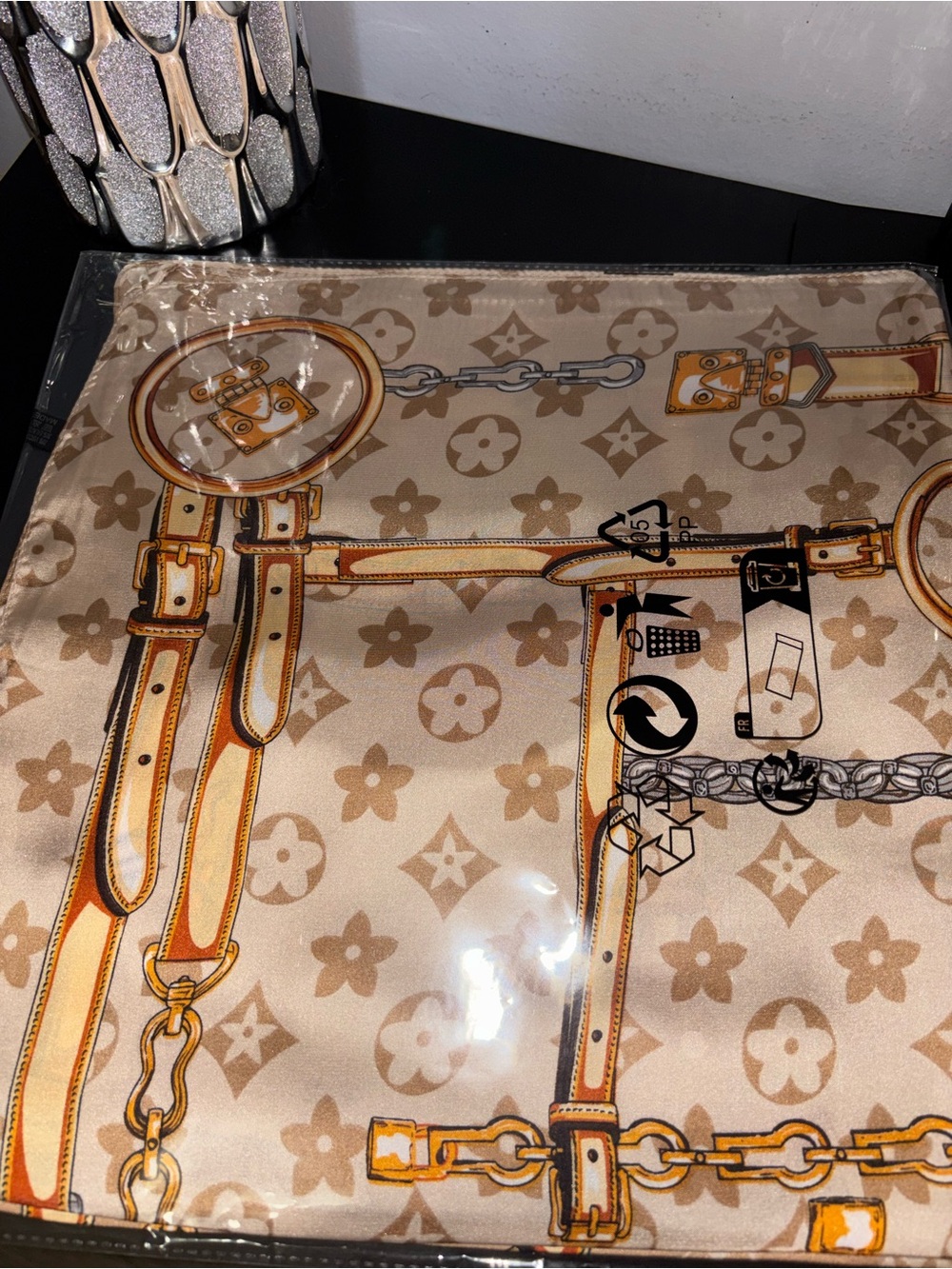 β¨ Chic Monogram Print Silk Square Scarf - Beige & Gold β¨ - Picture 7 of 8